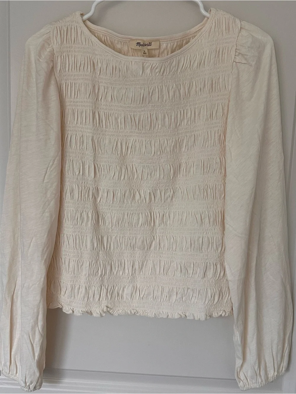 Madewell Ivory Smocked Boatneck Long-Sleeve Top